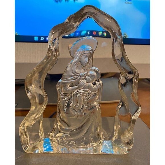 Mother Mary Baby Jesus Clear Glass Art Statue, 6 inches tall - Picture 2 of 8